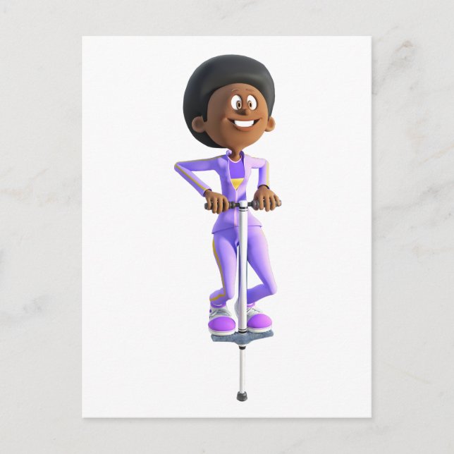 Cartoon Afrikanisches Mädchen auf einem Pogo-Stick Postkarte (Vorderseite)