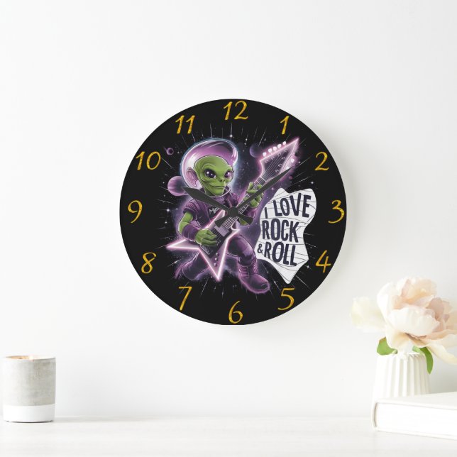 Cartoon-Alien mit grünem Haupt Große Wanduhr (Zuhause)