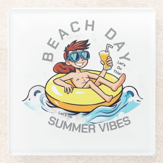 Cartoon am Strand auf aufblasbarem Ring Glasuntersetzer (Vorderseite)