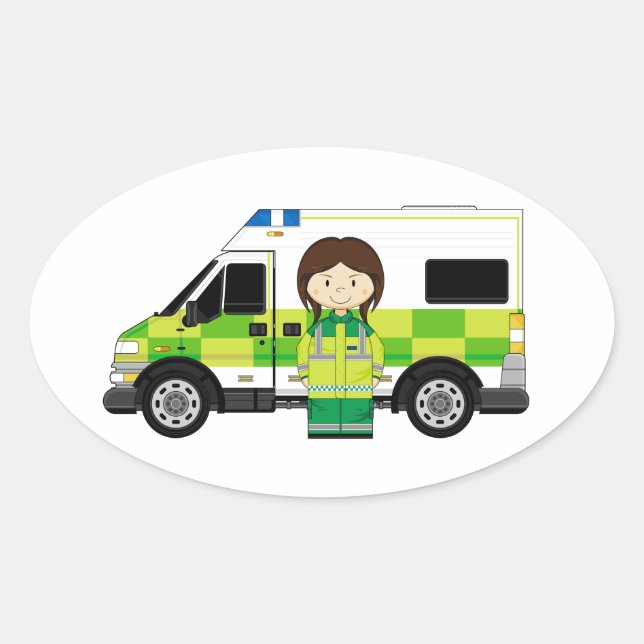 Cartoon Ambulance und EMT Ovaler Aufkleber (Vorderseite)