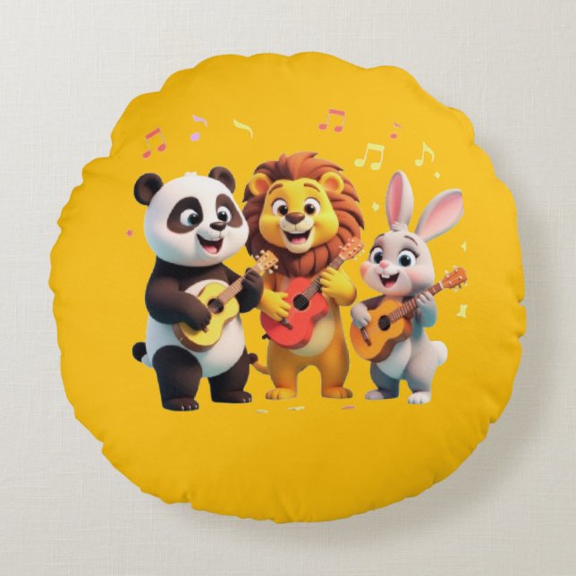 🎵 Cartoon Animal Music Party – Fun & Cute Musical Rundes Kissen (Vorderseite)