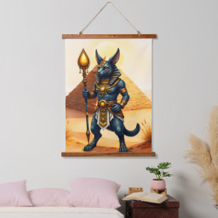 Cartoon Anubis - Ägyptischer Gott des Nachlebens Wandteppich Mit Holzrahmen