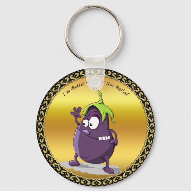 Cartoon Aubergine mit großen Augen, grünes Haar Schlüsselanhänger (Vorderseite)