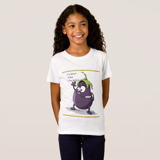 Cartoon Aubergine mit großen Augen, grünes Haar T-Shirt (Vorne ganz)