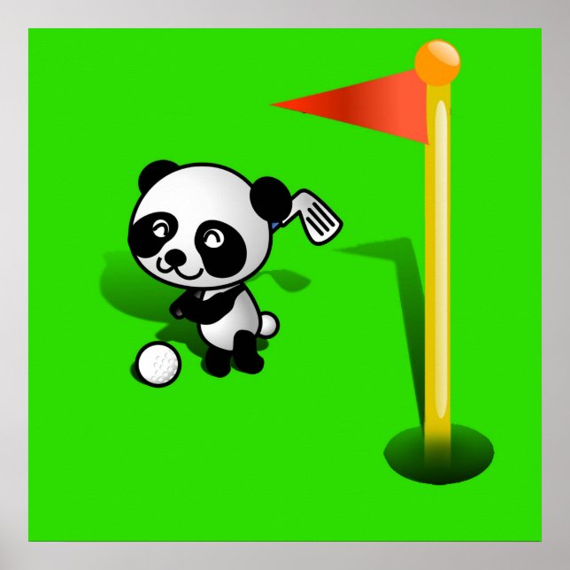 Cartoon Baby Panda Bear Golfing on Green Poster (Vorne)