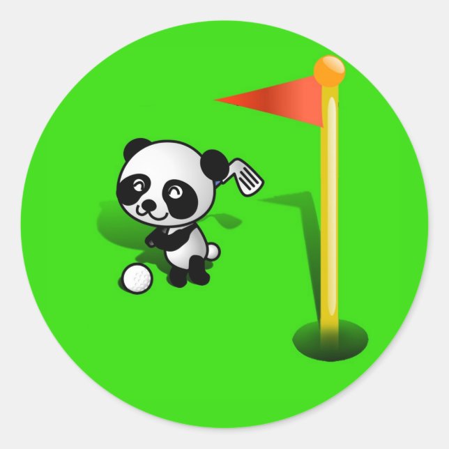 Cartoon Baby Panda Bear Golfing on Green Runder Aufkleber (Vorderseite)