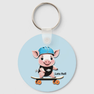 Cartoon Baby Pig Reiten Ein Skateboard Lasse Roll, Schlüsselanhänger
