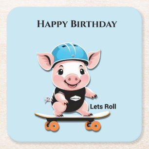 Cartoon Baby Pig Skateboarding Lasse Roll, Geburts Rechteckiger Pappuntersetzer