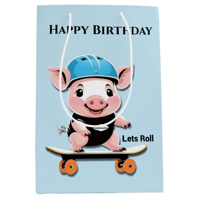 Cartoon Baby Pig Skateboarding Lasse Roll, Mittlere Geschenktüte (Vorderseite)