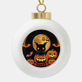 Cartoon Bat und Pumpkins unter Vollmond Keramik Kugel-Ornament