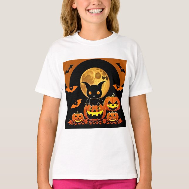 Cartoon Bat und Pumpkins unter Vollmond T-Shirt (Vorderseite)
