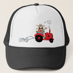 Cartoon-Bauer, der einen roten Traktor fährt Truckerkappe