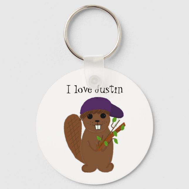 Cartoon Beaver with Purple Hat Schlüsselanhänger (Vorderseite)