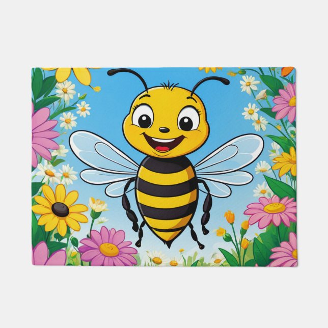 Cartoon Bee Farbige Blume Fußmatte (Vorderseite)