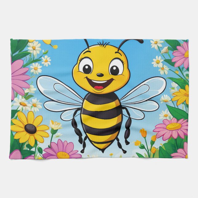 Cartoon Bee Farbige Blume Geschirrtuch (Horizontal)