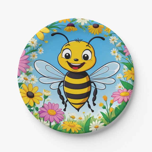 Cartoon Bee Farbige Blume Pappteller (Vorderseite)
