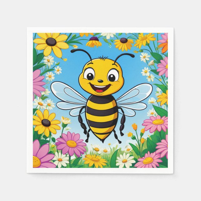 Cartoon Bee Farbige Blume Serviette (Vorderseite)