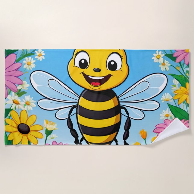 Cartoon Bee Farbige Blume Strandtuch (Vorderseite)
