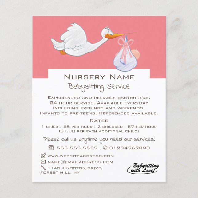 Cartoon Bird & Baby, Babysitter, Daycare, Kinderzi Flyer (Vorne)