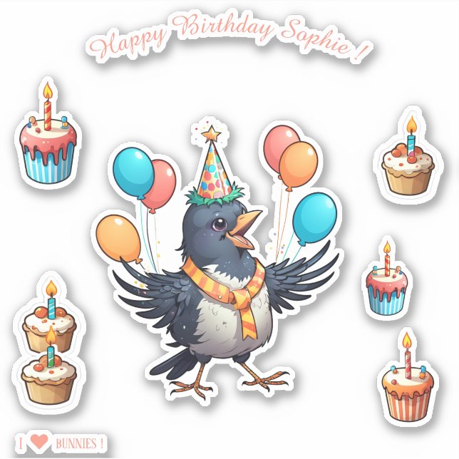Cartoon Bird - Happy Birthday Personalisiert Aufkleber (Vorderseite)