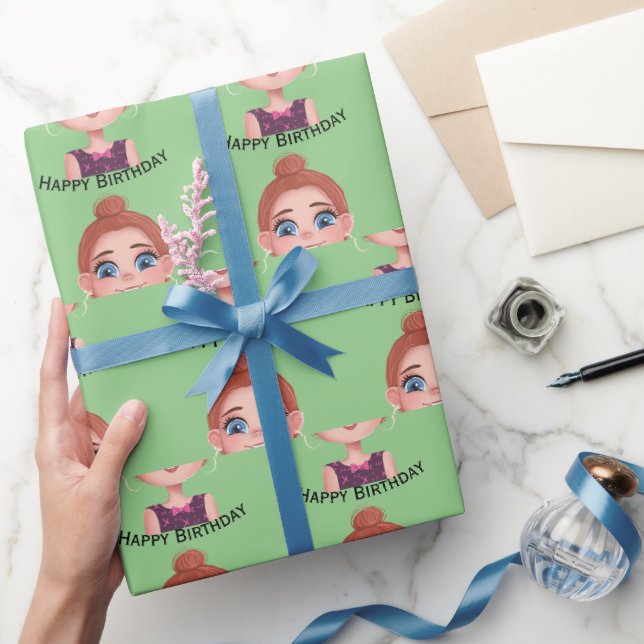 Cartoon Birthday Girl mit Big Eyes Geschenkpapier (Schenken)