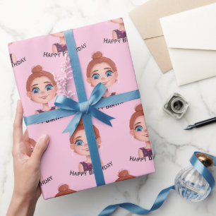 Cartoon Birthday Girl mit Big Eyes Geschenkpapier