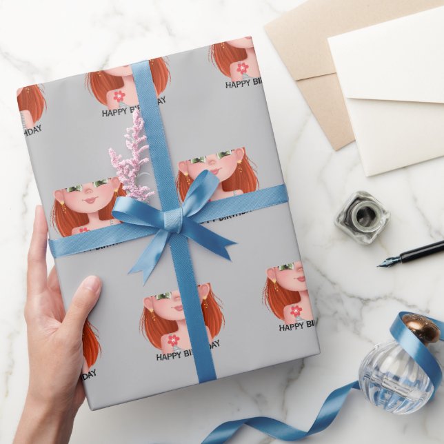 Cartoon Birthday Girl mit Rotem Haar Geschenkpapier (Schenken)