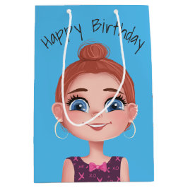 Cartoon Birthday Girl on Aqua Mittlere Geschenktüte