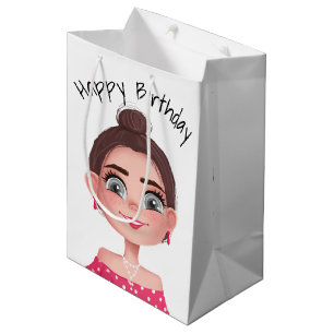 Cartoon Birthday Girl on White Mittlere Geschenktüte