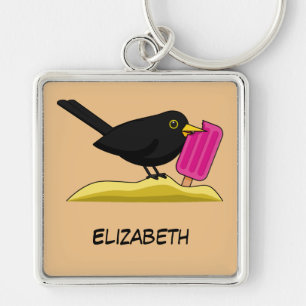 Cartoon Blackbird Eating Ice Creme   Name hinzufüg Schlüsselanhänger