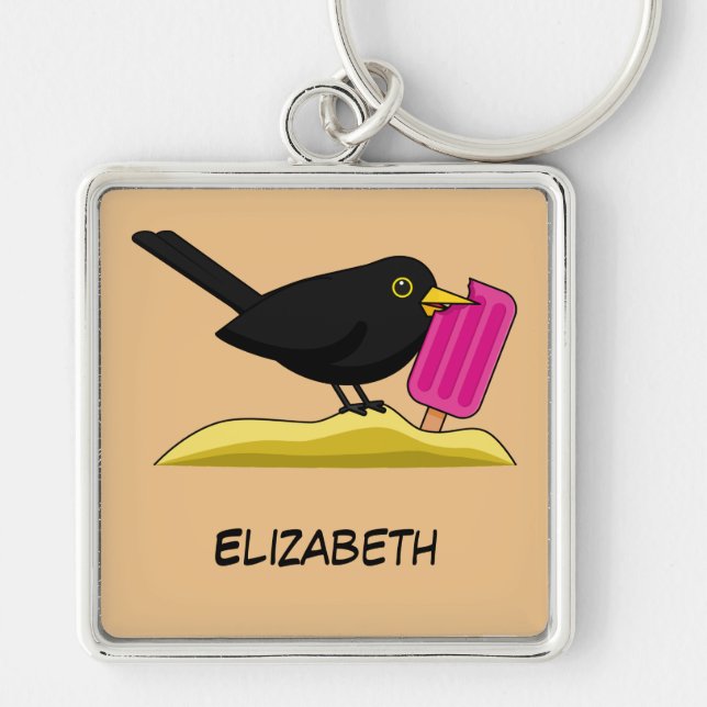 Cartoon Blackbird Eating Ice Creme | Name hinzufüg Schlüsselanhänger (Vorne)
