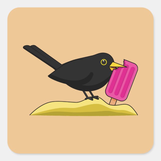 Cartoon Blackbird isst eine Eiscreme Quadratischer Aufkleber (Vorderseite)