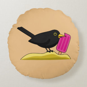 Cartoon Blackbird isst eine Eiscreme Rundes Kissen