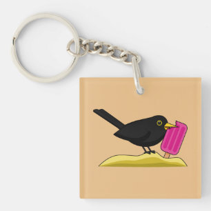 Cartoon Blackbird isst eine Eiscreme Schlüsselanhänger