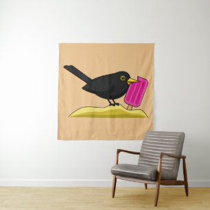 Cartoon Blackbird isst eine Eiscreme Wandteppich