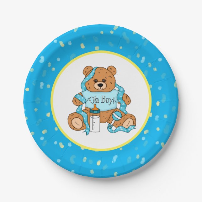 Cartoon blau und gelb Teddy Bear Babydusche Pappteller (Vorderseite)