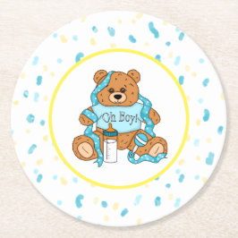 Cartoon blau und gelb Teddy Bear Babydusche Runder Pappuntersetzer
