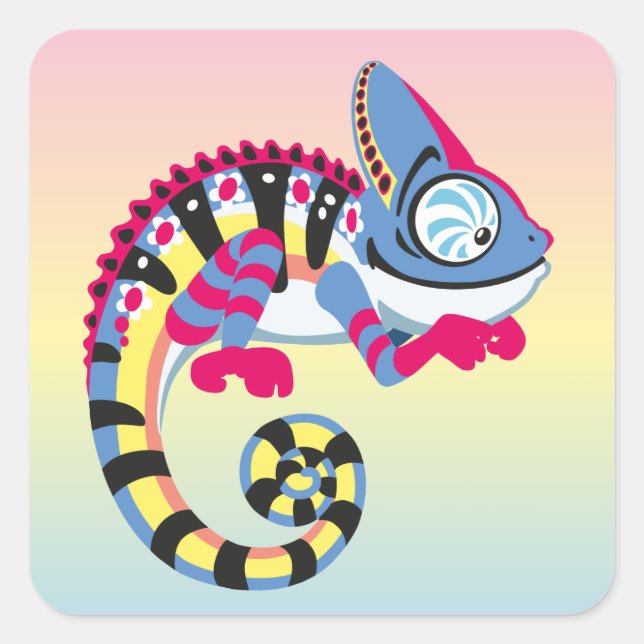 Cartoon Blue Chameleon Quadratischer Aufkleber (Vorderseite)