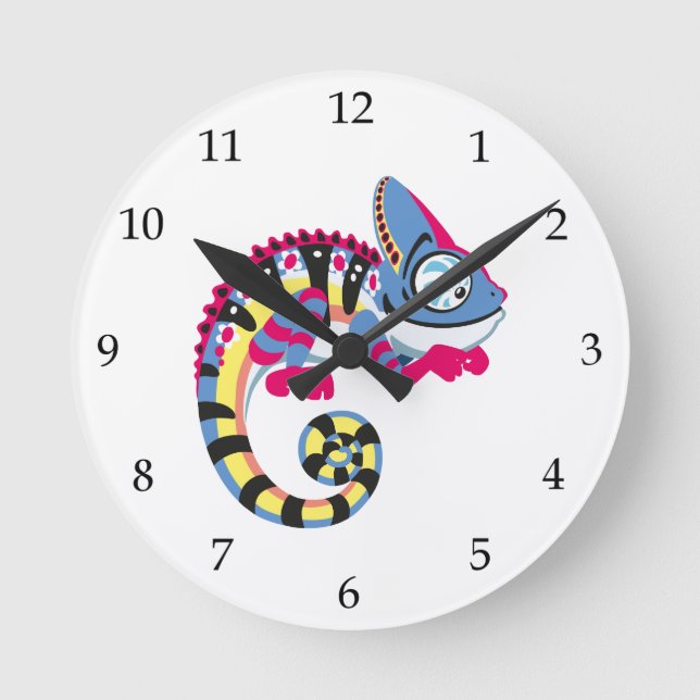 Cartoon Blue Chameleon Runde Wanduhr (Vorderseite)