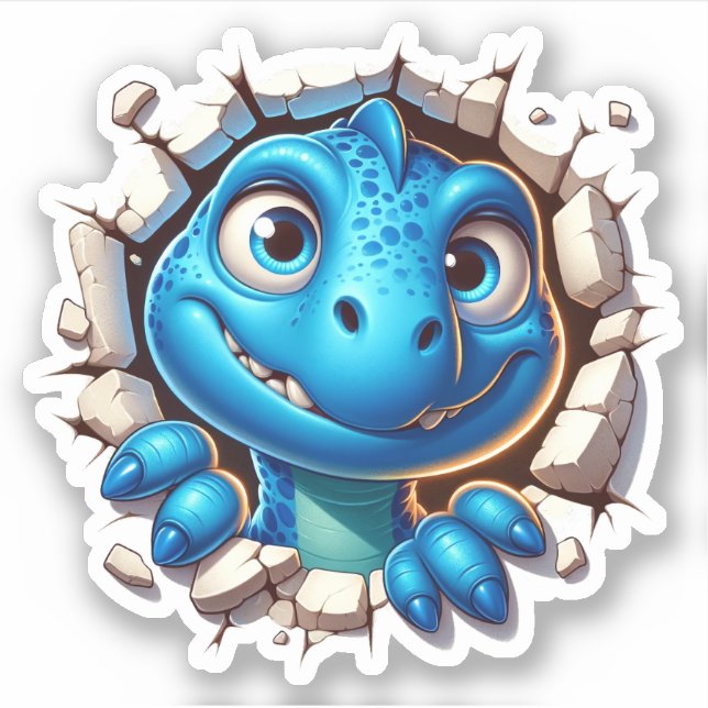 Cartoon Blue Dinosaurier Peeking von Cracked Aufkleber (Vorderseite)