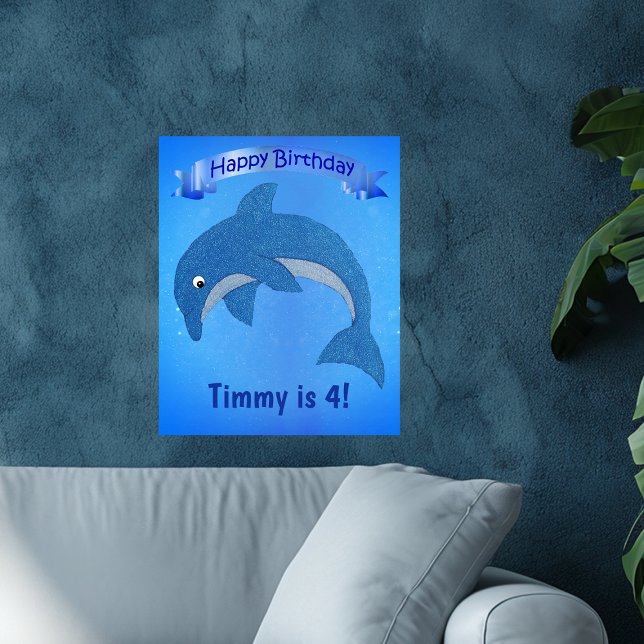 Cartoon Blue Jumping Dolphin Ribbon Kindergeburtst Poster (Fun jumping sparkle like blue dolphin on kids Happy Birthday poster decoration.)