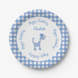 Cartoon Blue Poodle Posh Paws Gingham Geburtstag Pappteller