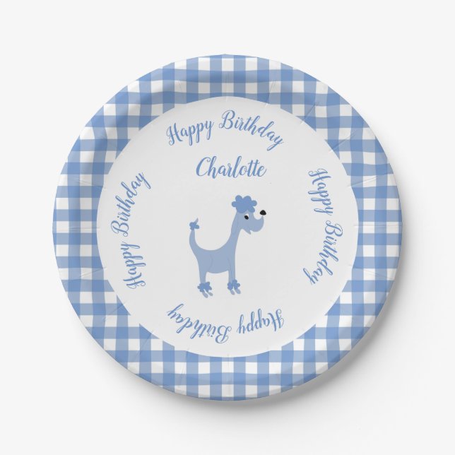 Cartoon Blue Poodle Posh Paws Gingham Geburtstag Pappteller (Vorderseite)