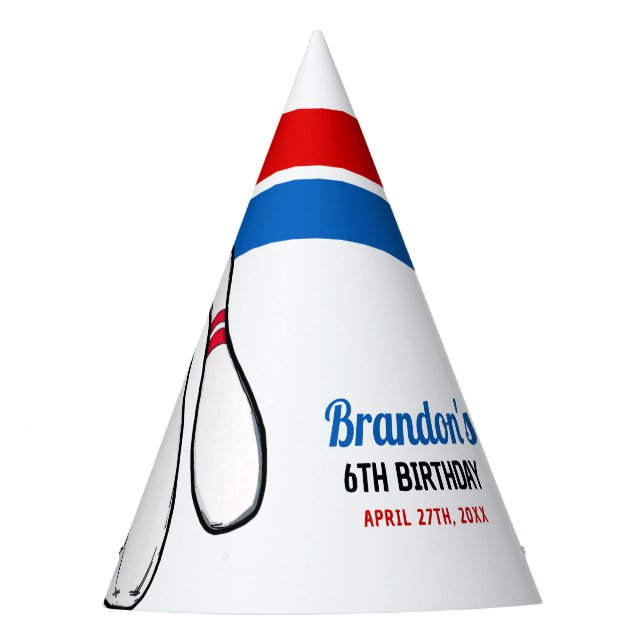 Cartoon Blue & Red Bowling Kinder 6. Geburtstag Partyhütchen (Vorderseite)