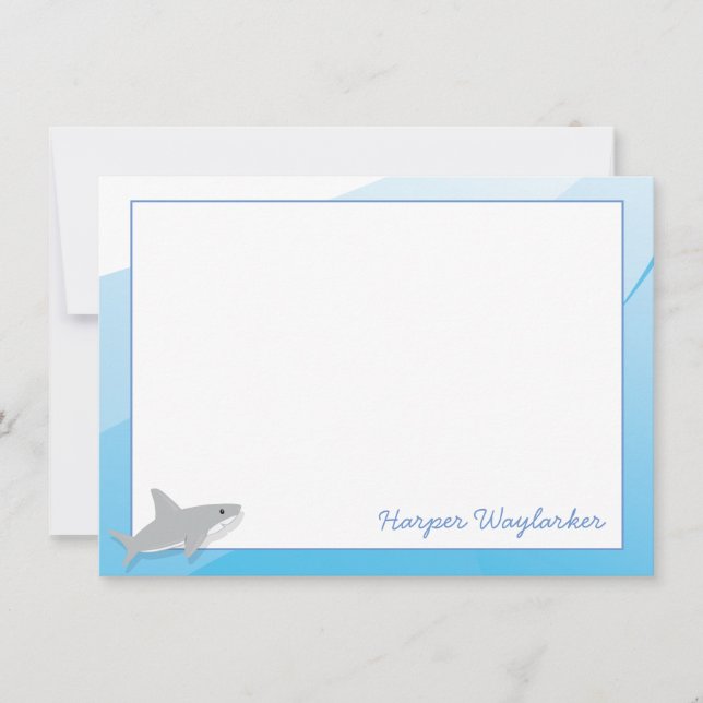 Cartoon Blue White Gray Shark Name Mitteilungskarte (Vorderseite)