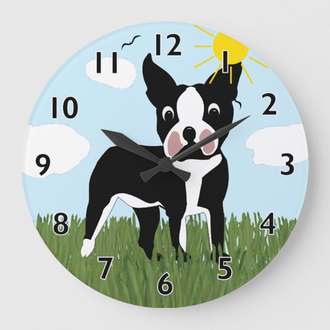 Cartoon Boston Terrier Clock Große Wanduhr (Vorderseite)
