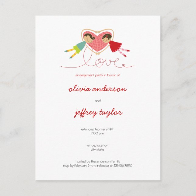 Cartoon Boy Hearts Girl Liebe Einladung Postkarte (Vorderseite)