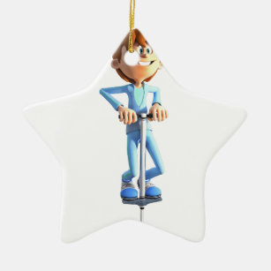 Cartoon Boy on a Pogo Stick Keramik Ornament