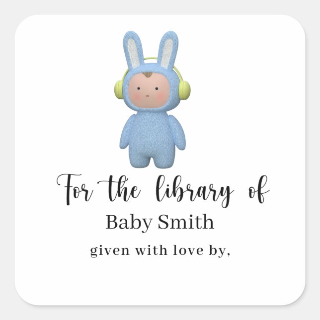 cartoon boy rabbit Baby Shower Library Quadratischer Aufkleber (Vorderseite)