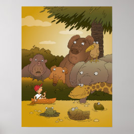 Cartoon Boy Tropical Jungle Animal Poster